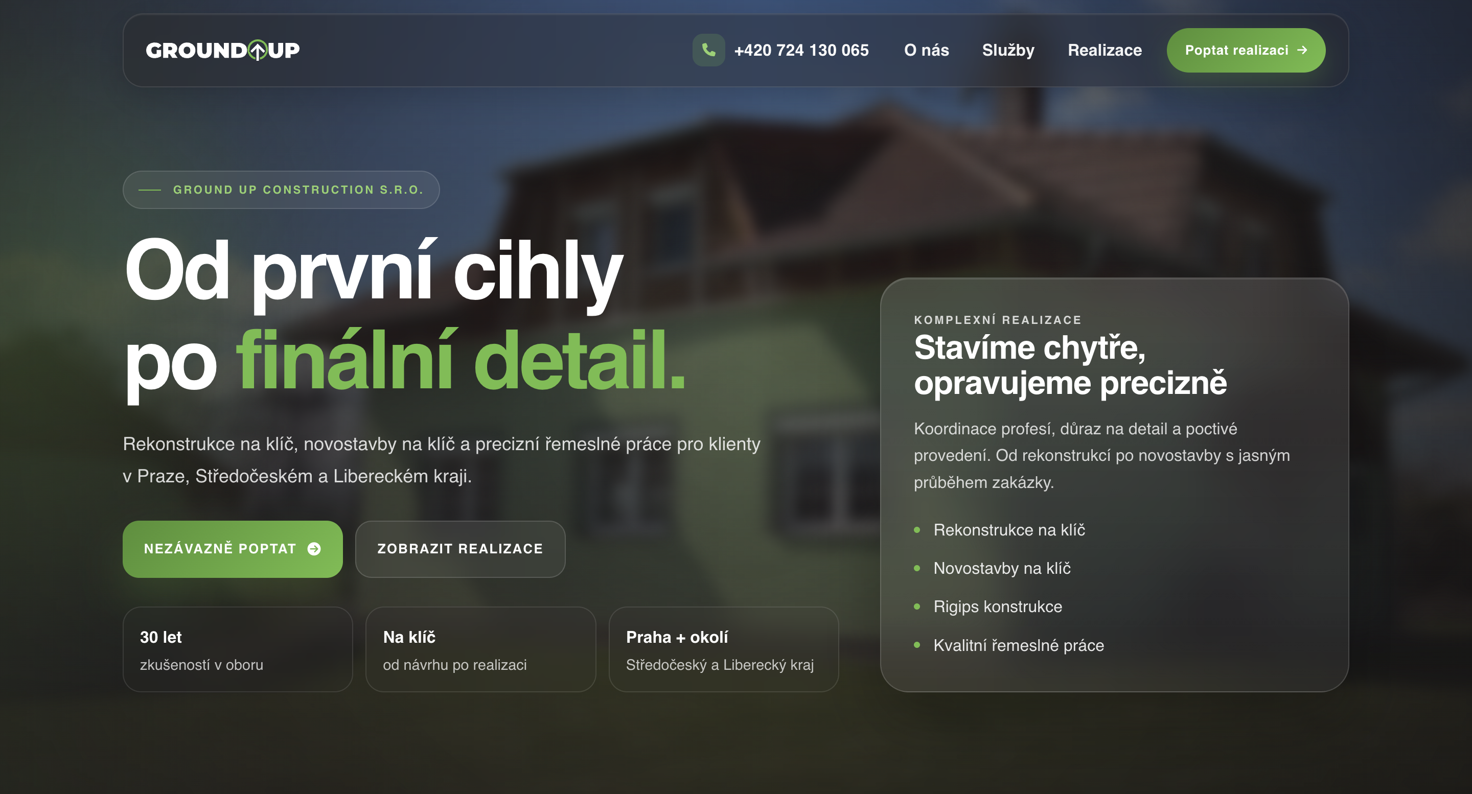 Náhled projektu GROUND UP construction — web stavební firmy, který přivádí poptávky