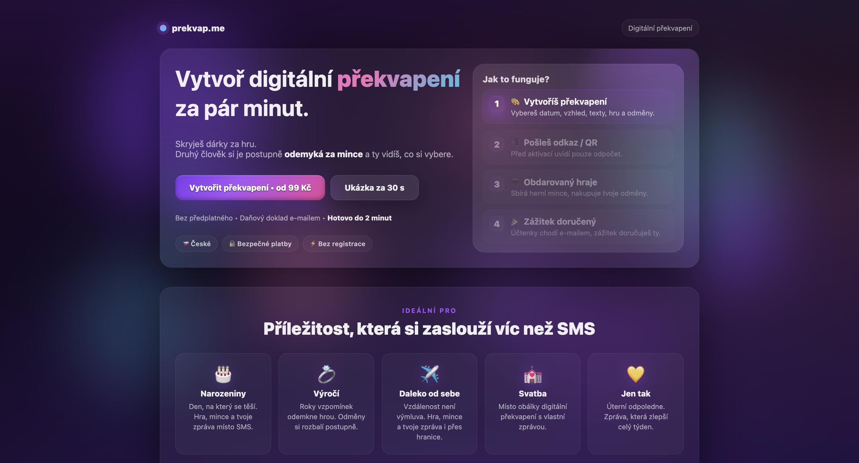 Náhled projektu prekvap.me — digitální dárek s&nbsp;minihrou (vlastní produkt)